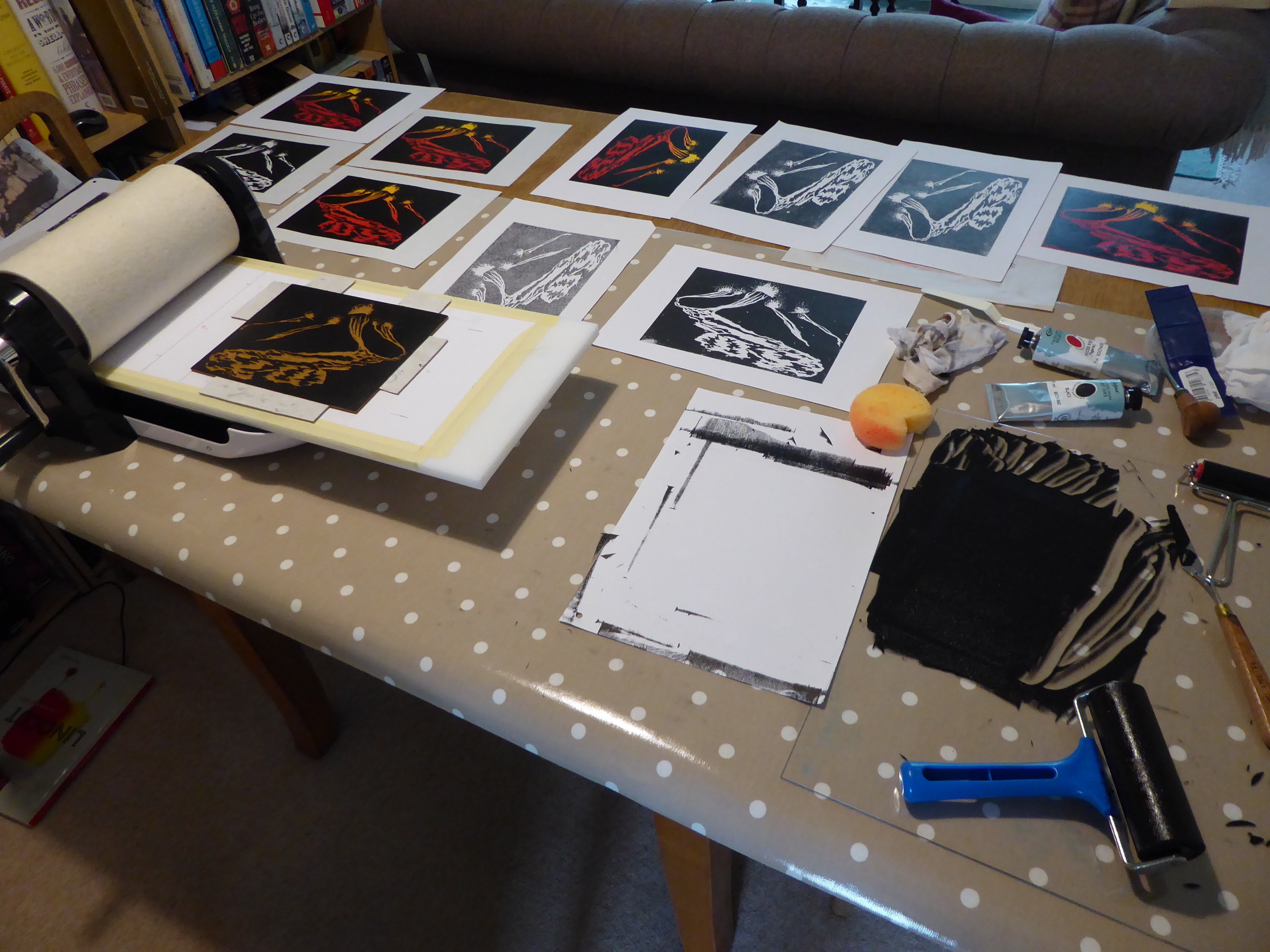 Linocut printing table Linocut printing things on a table